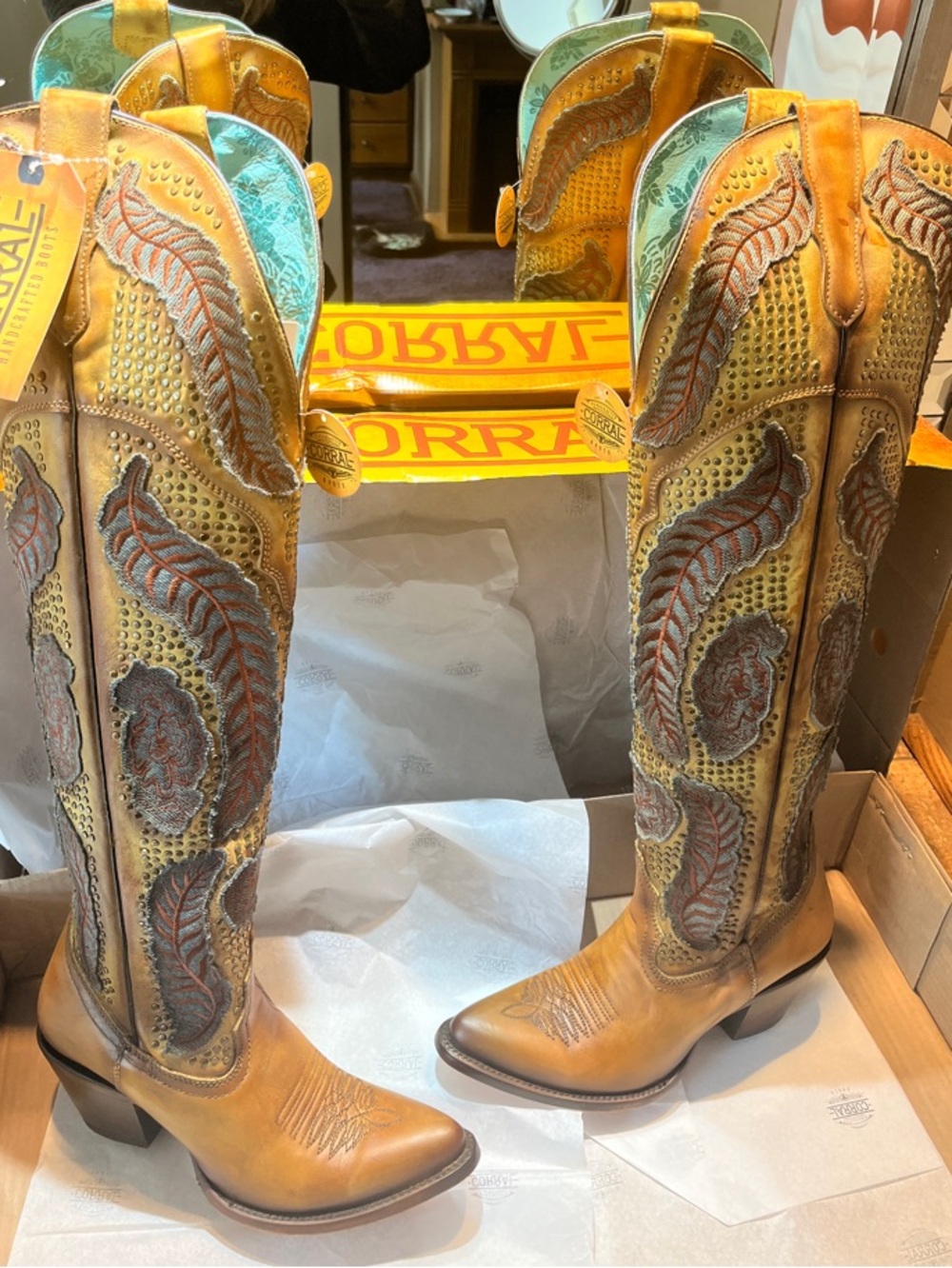 New! Corral Tan and Dark Brown Leather Over the Knee High Western Boots - Picture 8 of 16